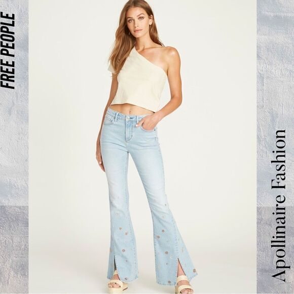 FREE PEOPLE BY DRIFTWOOD FARRAH FLARE TWEEEDLE DUM SLIT JEANS NWT - Picture 3 of 11
